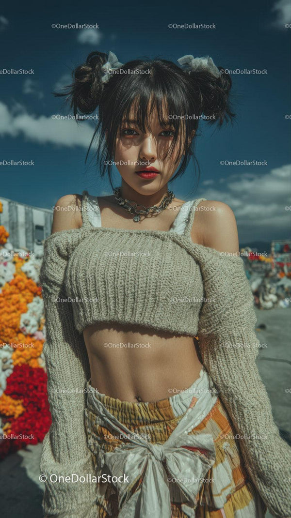 Young Woman with Stylish Hair and Bold Makeup in Outdoor Setting