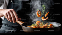 Seafood Stir-Fry with Shrimp and Fresh Herbs in a Black Skillet
