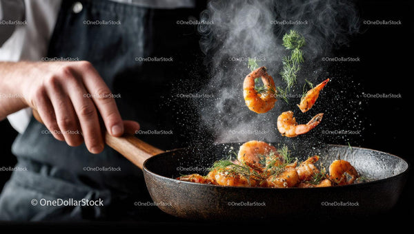 Seafood Stir-Fry with Shrimp and Fresh Herbs in a Black Skillet
