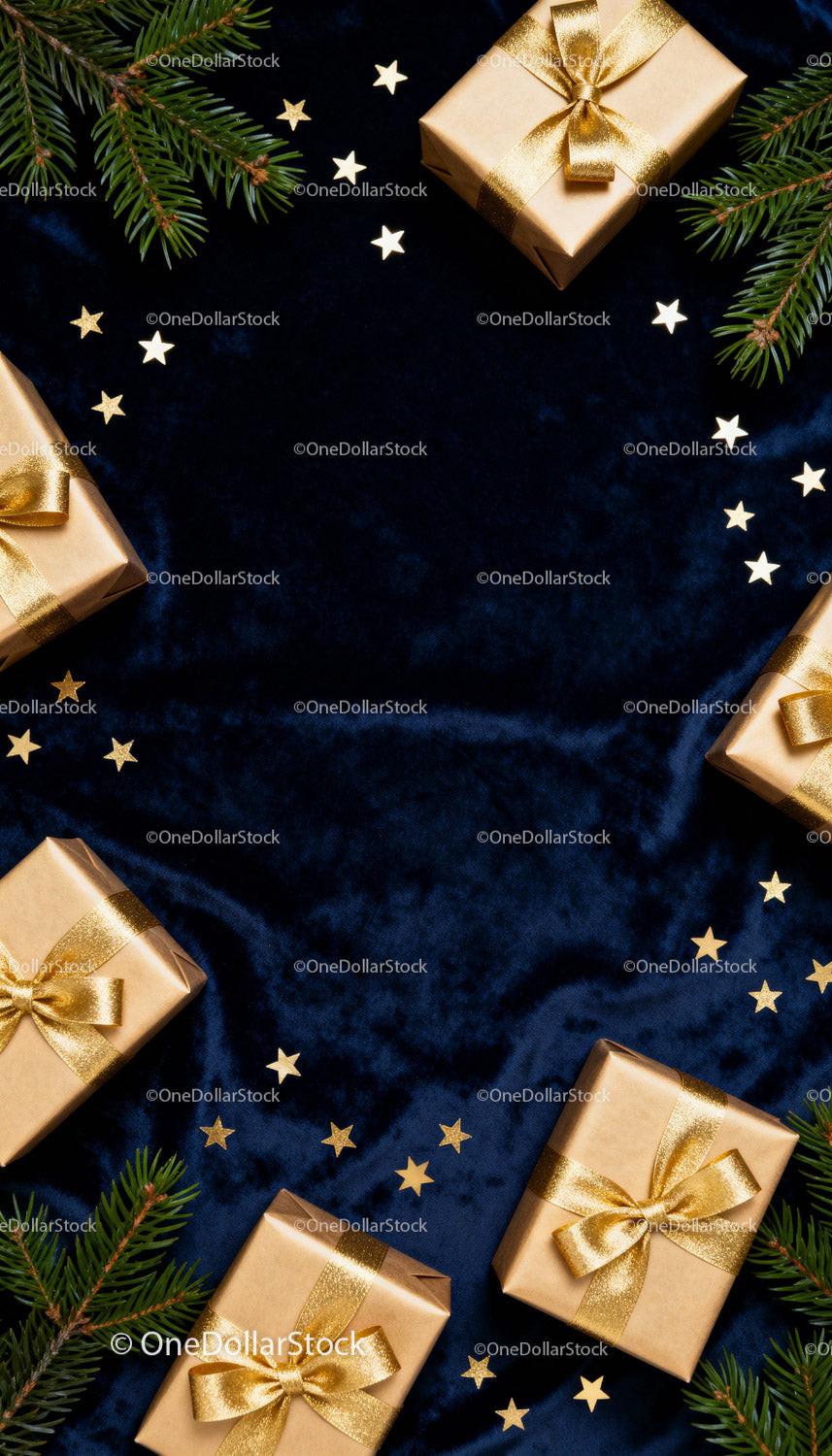 Golden Wrapped Gifts with Star Confetti on Velvet