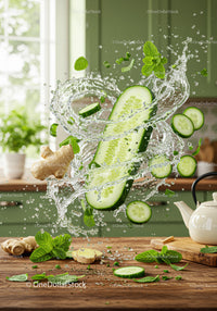 Fresh cucumber and mint splashing with water droplets