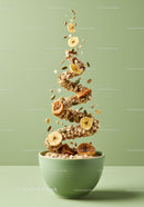 Spiral of healthy granola with dried fruit in green bowl
