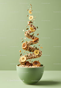 Spiral of healthy granola with dried fruit in green bowl