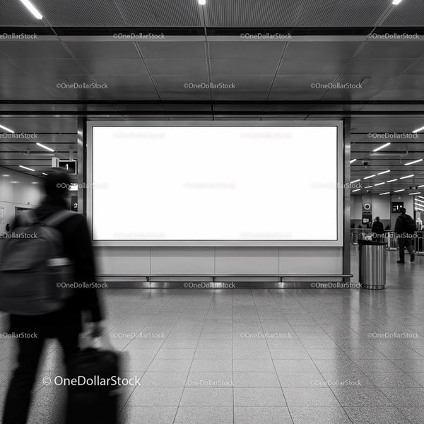 Traveler walking past blank advertising billboard in subway station JPG Mockup Image