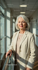 Elegant Elderly Woman in Professional Attire in Bright Corridor