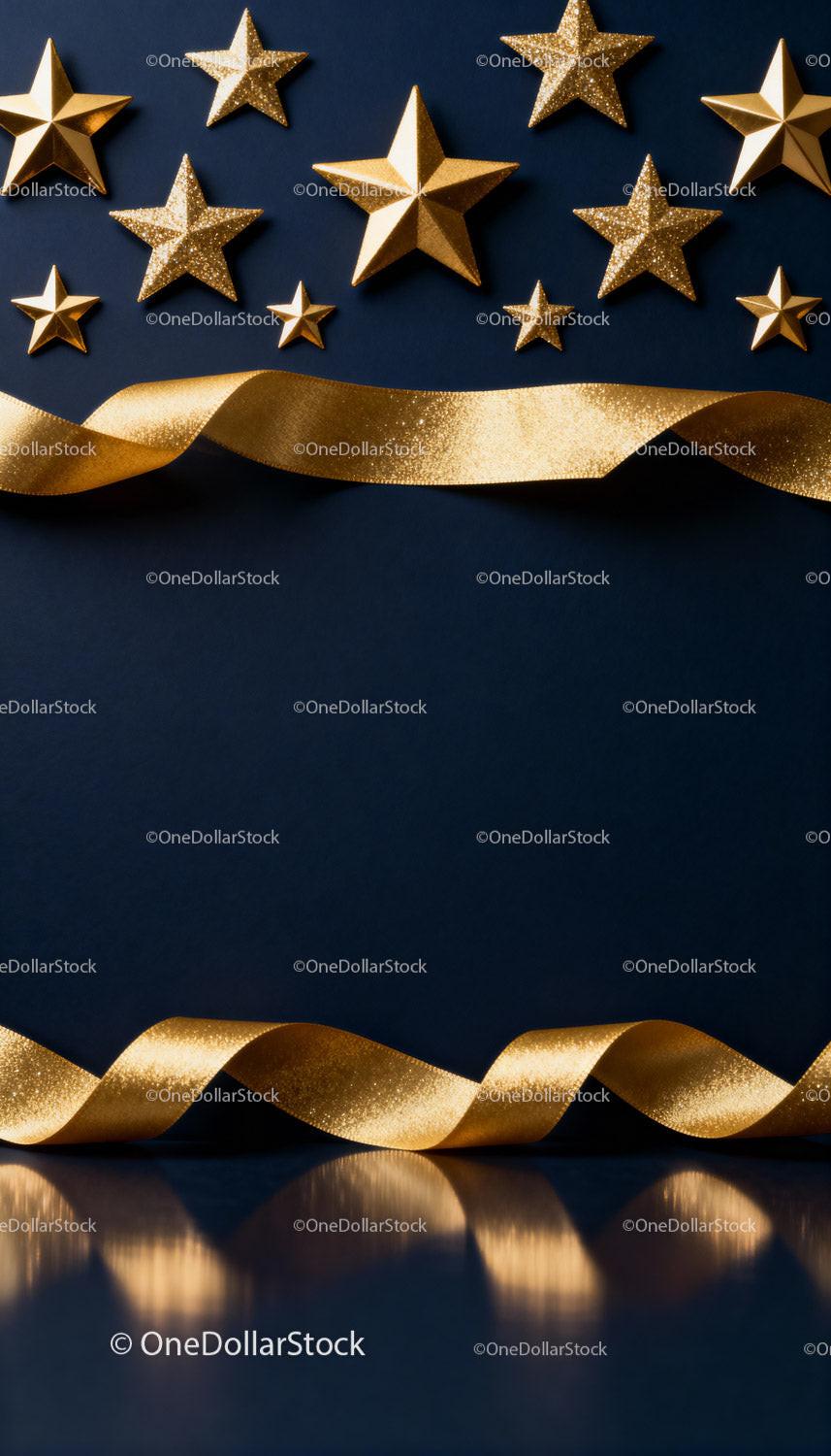 Golden stars and ribbon decoration on dark background