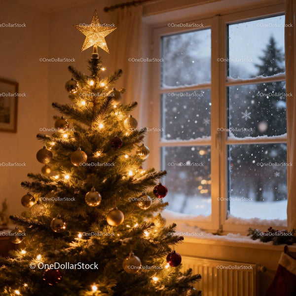 Cozy Christmas tree glowing near snowy window