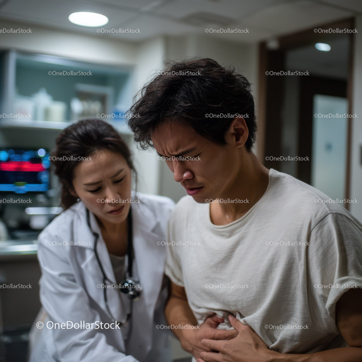 Doctor Helping Male Patient with Abdominal Pain in Hospital