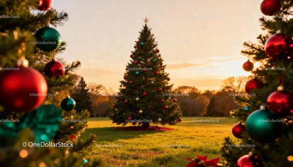 Christmas Tree Decorated with Ornaments at Sunset