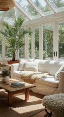Cozy Sunlit Living Room with Green Plants and Natural Decor