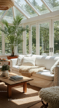 Cozy Sunlit Living Room with Green Plants and Natural Decor