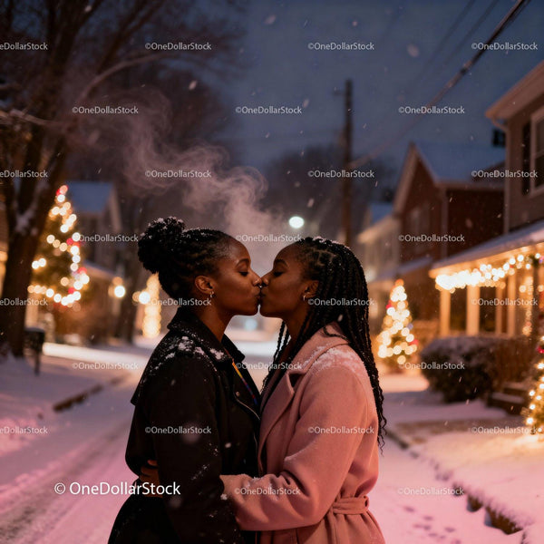 Loving Couple Sharing a Winter Kiss in Snowy Evening