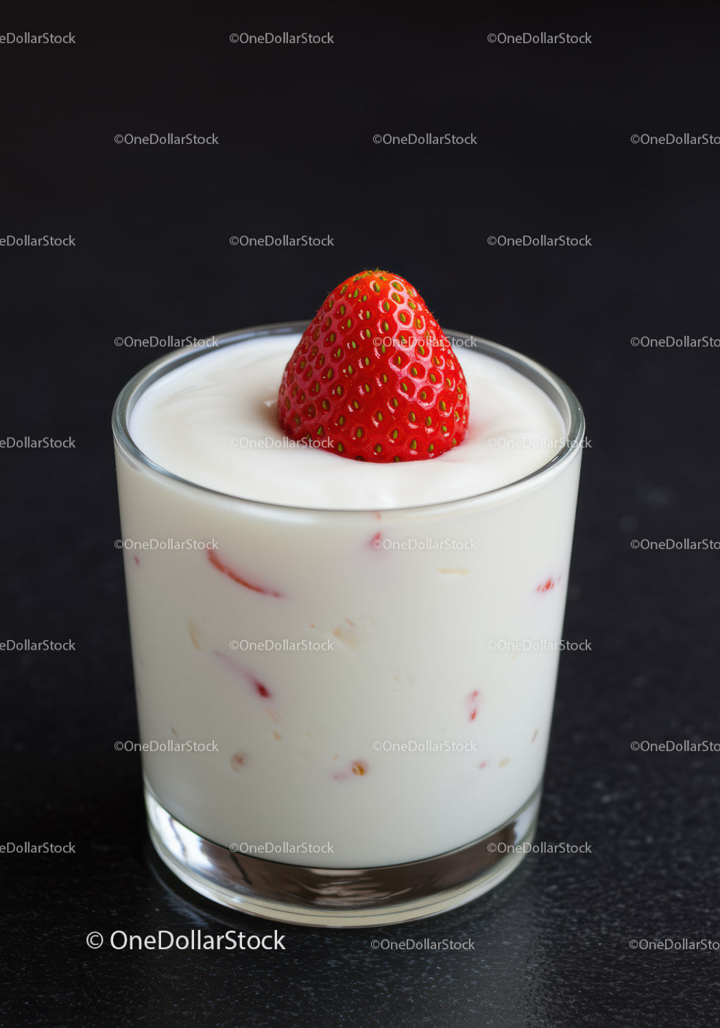 Creamy yogurt dessert topped with fresh ripe strawberry