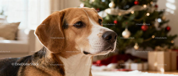 Zamysłowy beagle w domu obok udekorowanej choinki