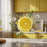 Fresh lemon slice with rosemary and ice cubes splash