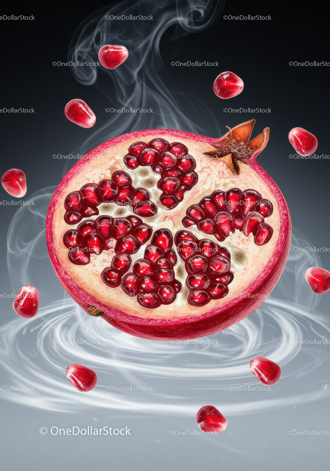 Fresh pomegranate half with floating red seeds and smoke