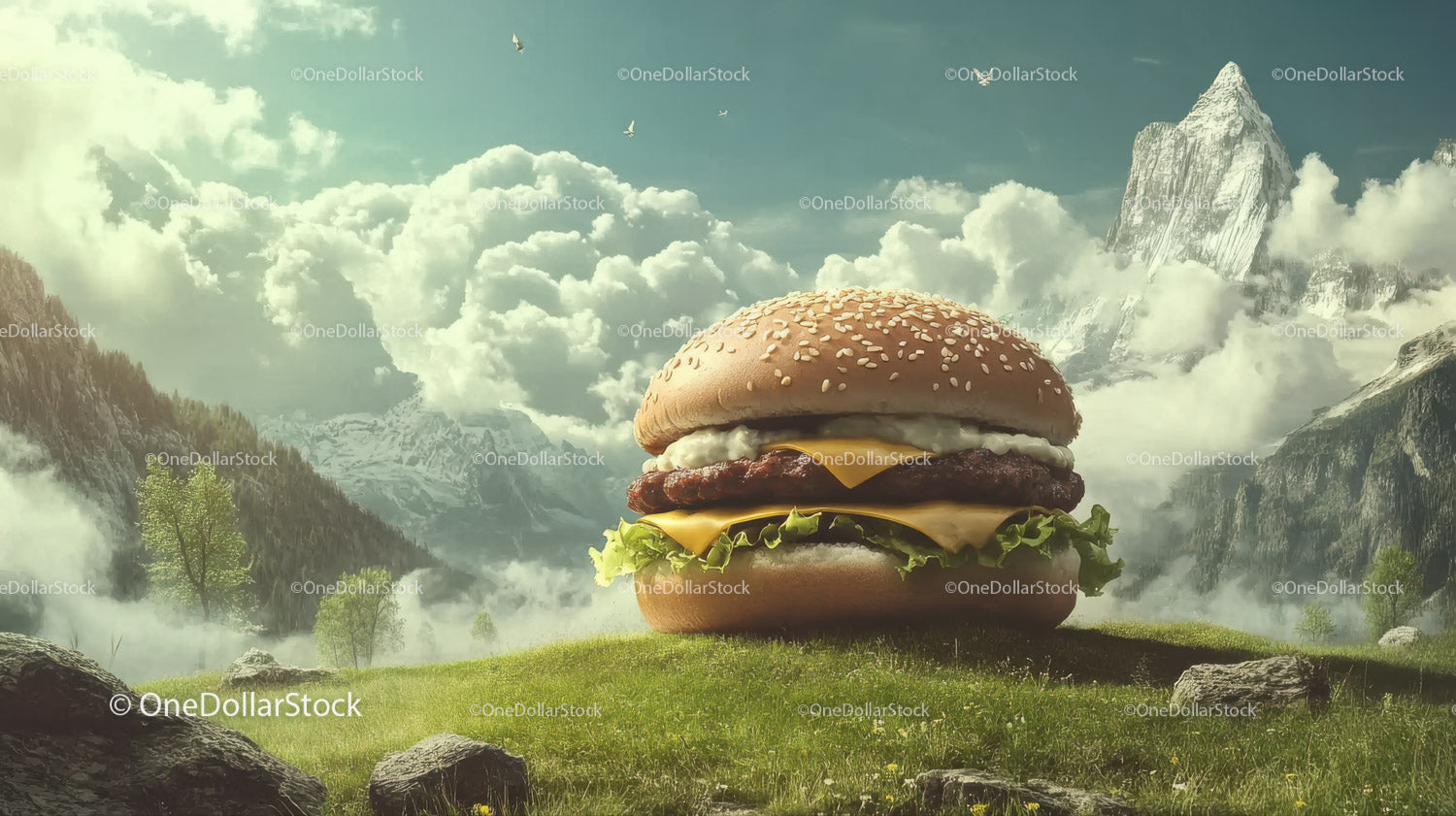 Giant Cheeseburger in Mountain Landscape with Clouds and Greenery