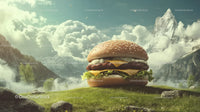 Giant Cheeseburger in Mountain Landscape with Clouds and Greenery