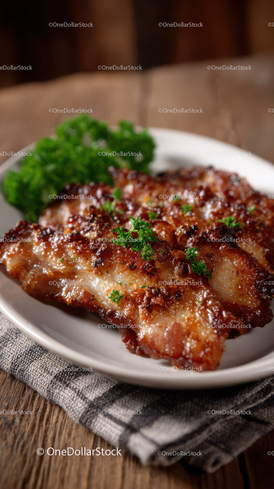Crispy Baked Chicken Thigh with Parsley Garnish on Rustic Wooden Table