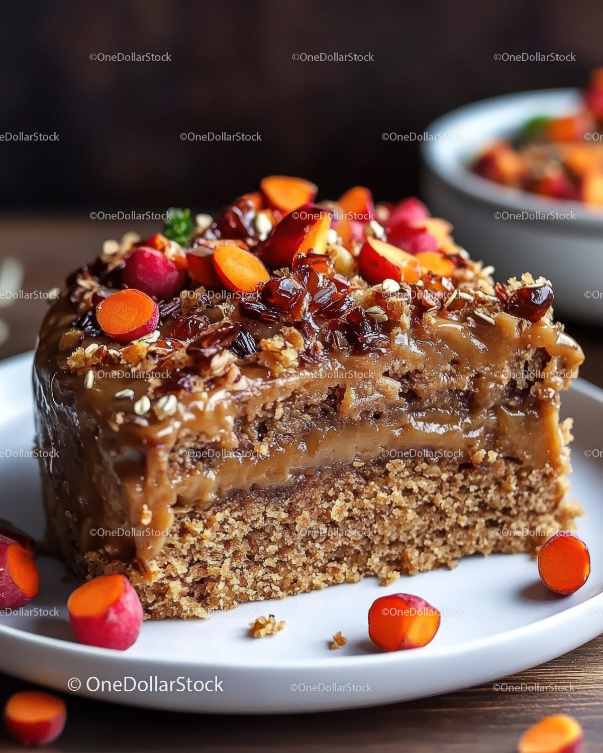 Chocolate Cake with Caramel Glaze and Orange Carrot Slices