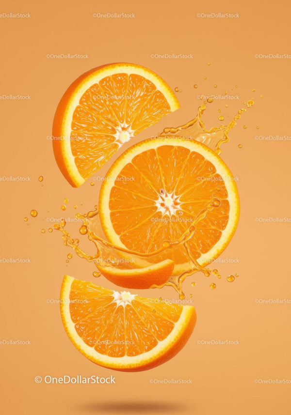 Fresh orange slices with vibrant juice splash
