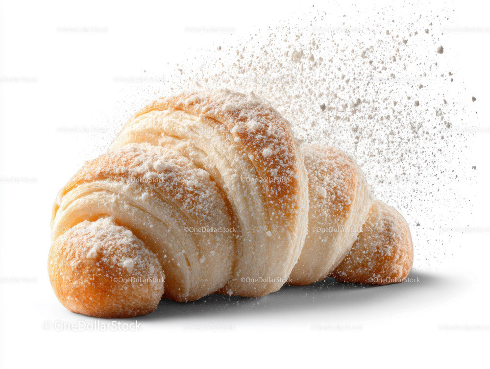Golden Croissant with Powdered Sugar on White Background