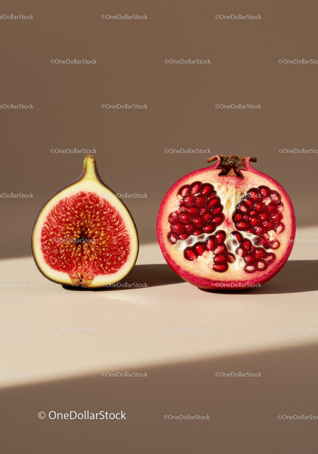 Fresh fig and ripe pomegranate cut in half on beige