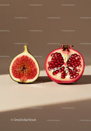 Fresh fig and ripe pomegranate cut in half on beige