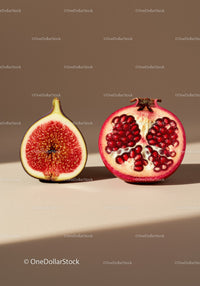 Fresh fig and ripe pomegranate cut in half on beige