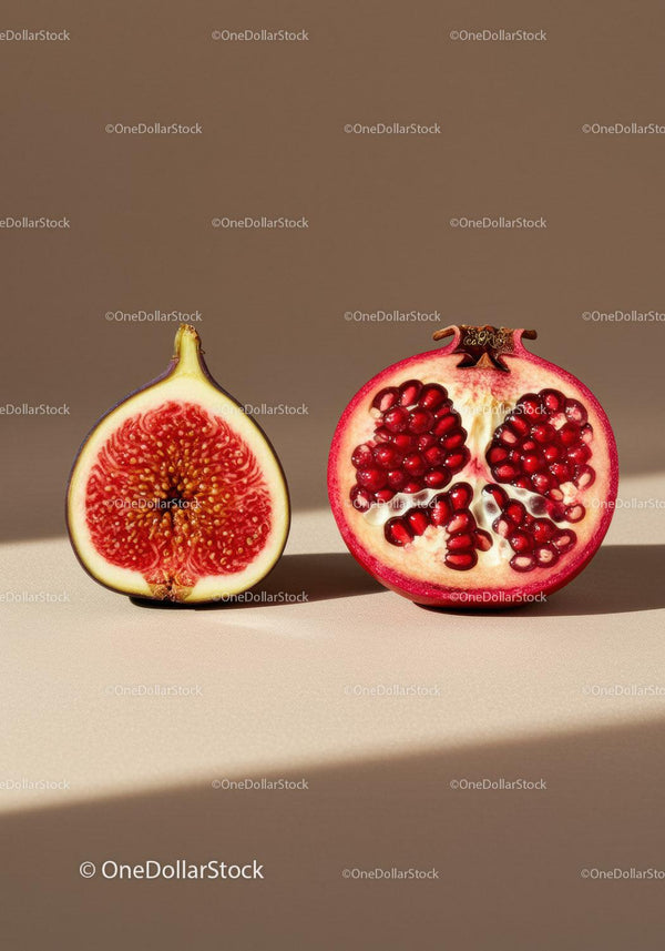 Fresh fig and ripe pomegranate cut in half on beige