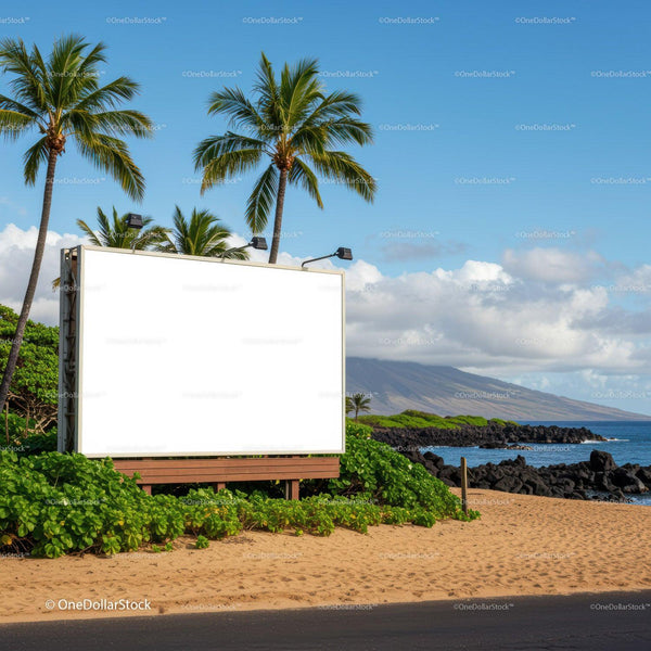 Blank billboard by tropical beach with palm trees JPG Mockup Image