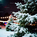 Snow-covered fir branches with festive blurred lights