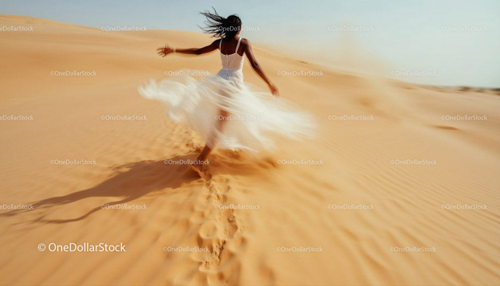 Woman Dancing in a Flowing Dress on Golden Desert Sands