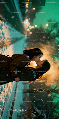 Couple Sharing a Tender Winter Kiss Outdoors