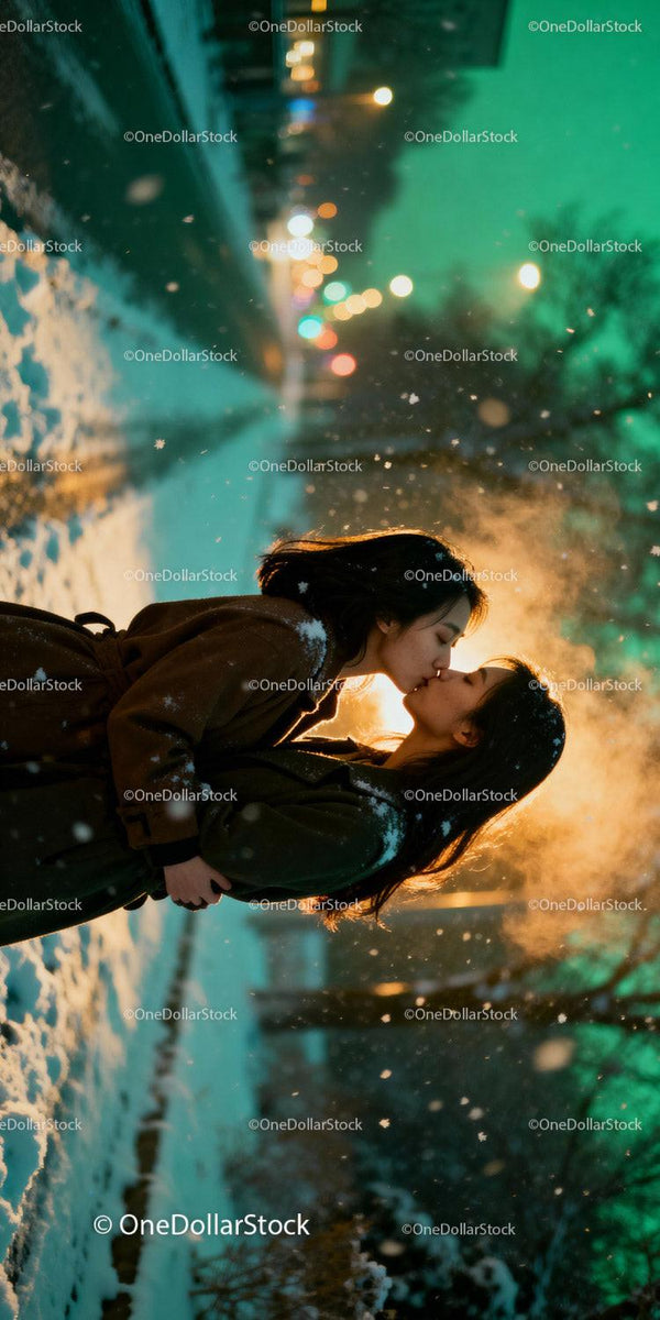 Couple Sharing a Tender Winter Kiss Outdoors