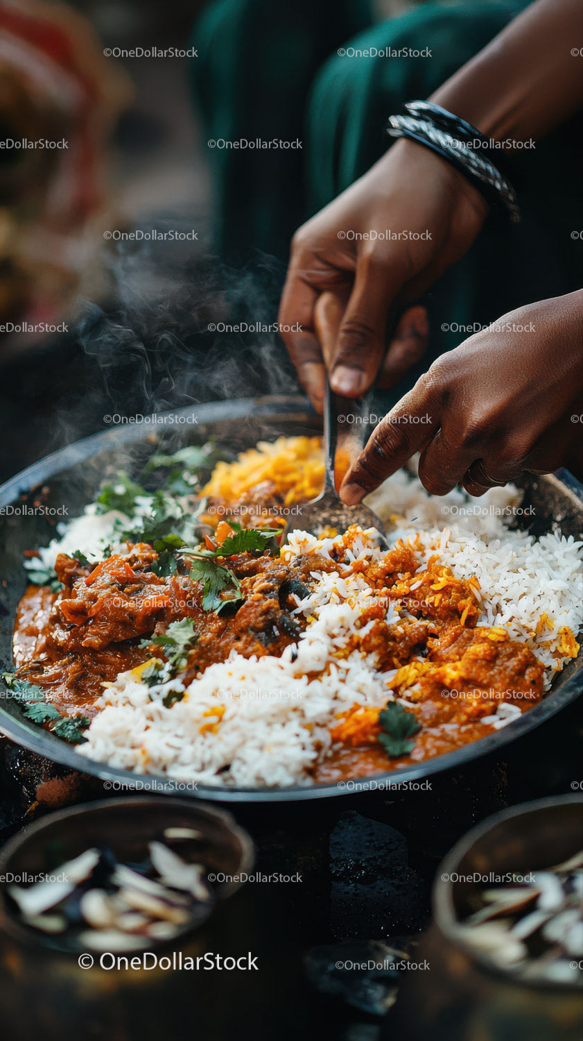Autentyczne indyjskie curry z ryżem i przyprawami w tradycyjnym otoczeniu