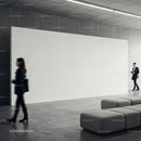 Modern gallery space with blank wall and moving figures