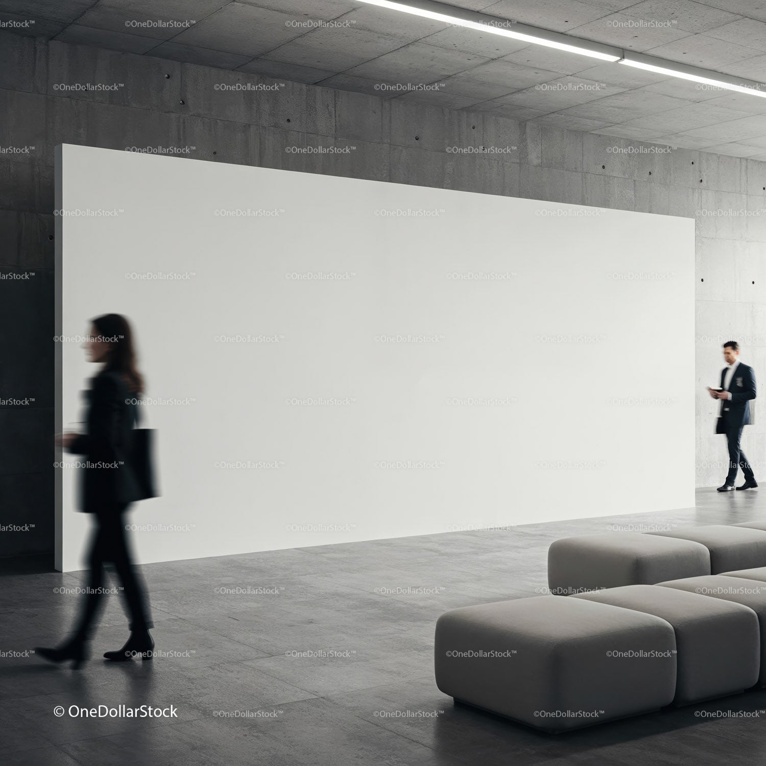 Modern gallery space with blank wall and moving figures