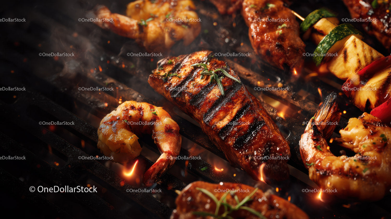 Delicious grilled skewers with shrimp vegetables and meat on open flame
