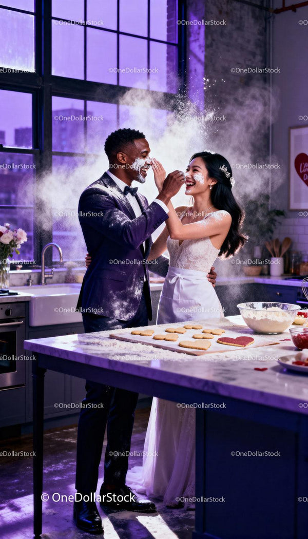Couple Playfully Baking Heart Cookies in Romantic Kitchen