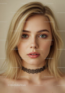 Young Blonde Woman with Blue Eyes and Choker Necklace