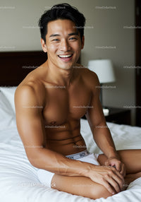 Smiling shirtless man relaxing on white bed indoors