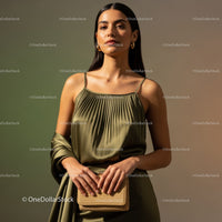 Elegant Woman in Satin Dress with Gold Accessories Holding Handbag