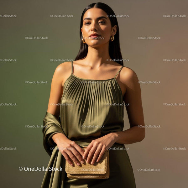 Elegant Woman in Satin Dress with Gold Accessories Holding Handbag