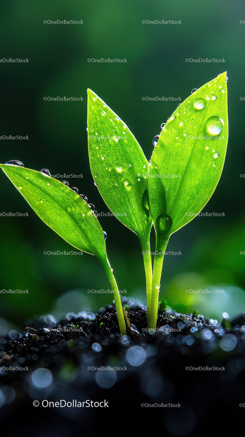 Fresh Green Plant Seedlings with Water Droplets in Natural Environment