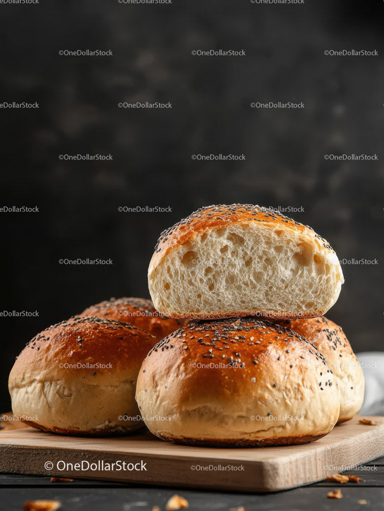 Fresh Baked Sesame Seed Bread Rolls on Wooden Board