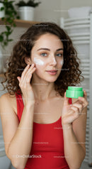 Young Woman Applying Face Cream for Glowing Skin in Skincare Routine