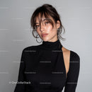 Stylish Young Woman with Messy Hair Wearing Black Turtleneck