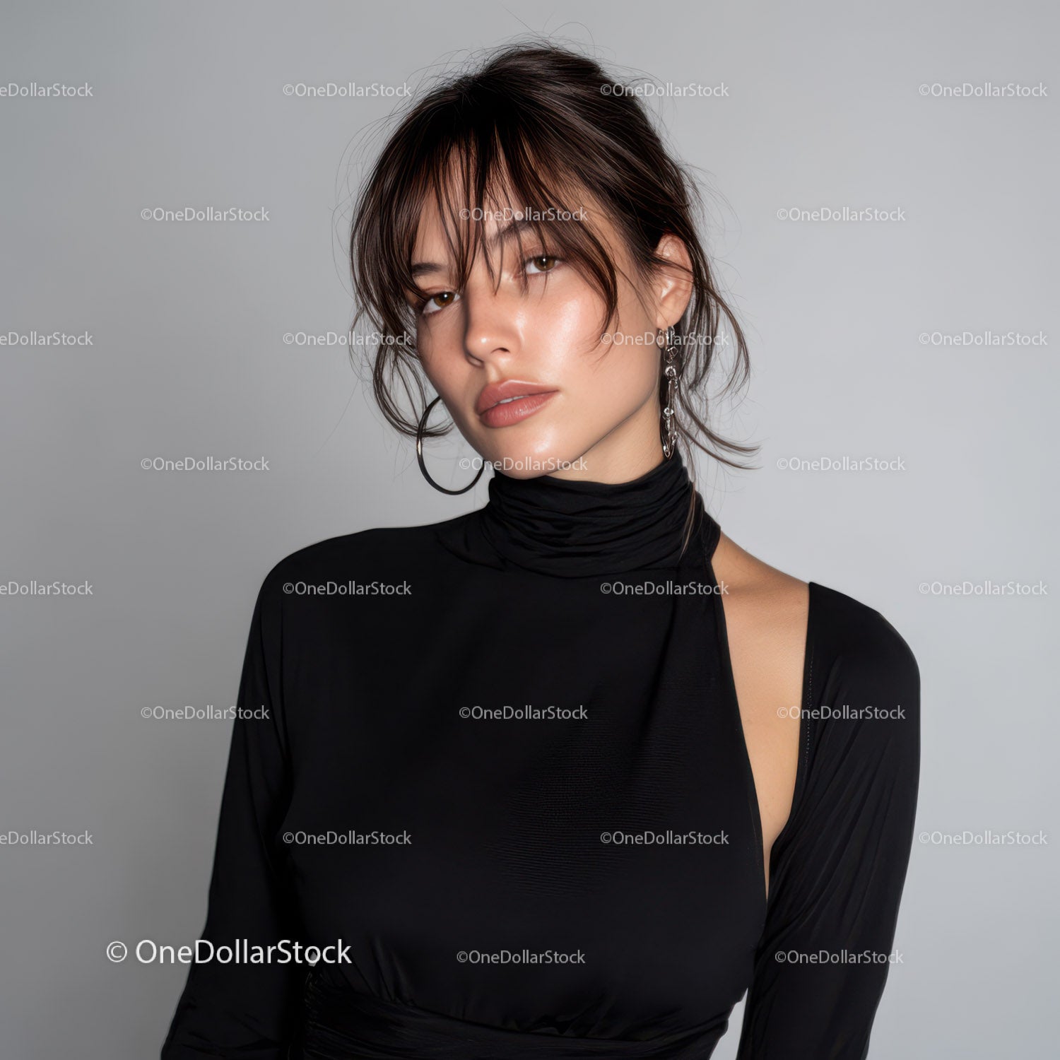 Stylish Young Woman with Messy Hair Wearing Black Turtleneck