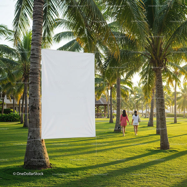 Two women walking beneath palm trees in tropical park JPG Mockup Image